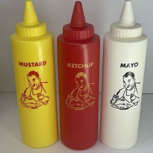 Ketchup Mustard Mayo  Condiment Squeeze Bottles Set of 3 Vintage Style Cookout